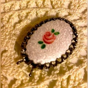Vintage hand painted porcelain metal hairpin with filigree edges